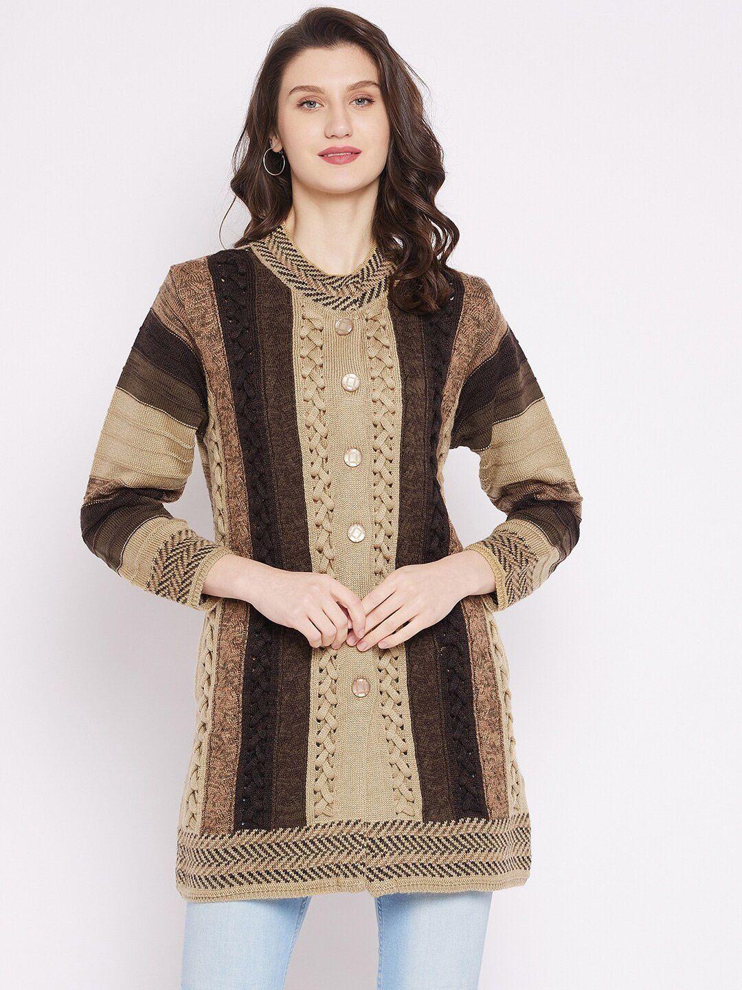 zigo-women-brown-&-beige-striped-longline-wool-cardigan