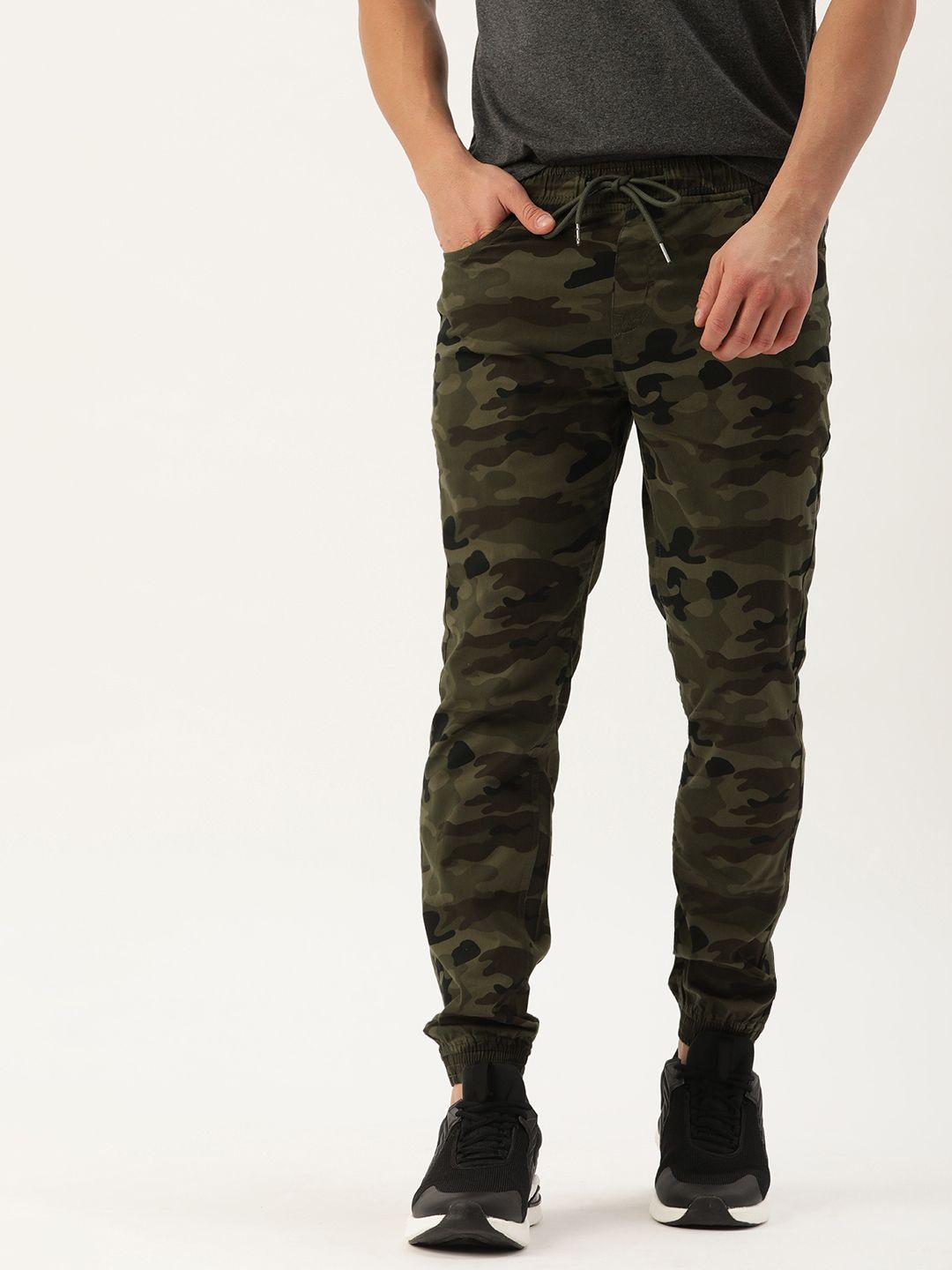 IVOC Men Olive Green Camouflage Printed Slim Fit Joggers Trousers