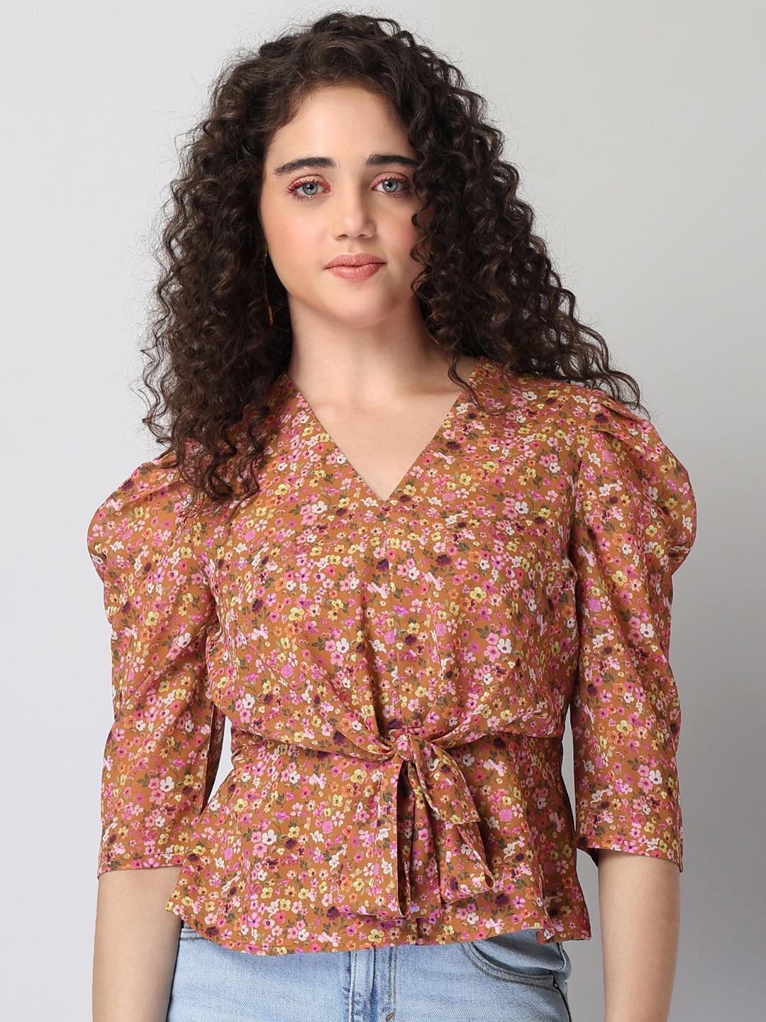 faballey-brown-floral-print-georgette-cinched-waist-top
