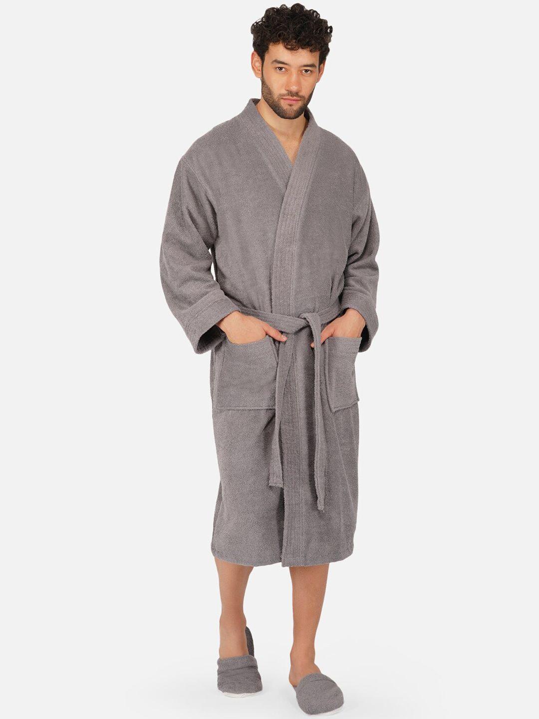 RANGOLI Unisex Grey Pure Cotton 400 GSM Large Bath Robe with Slippers