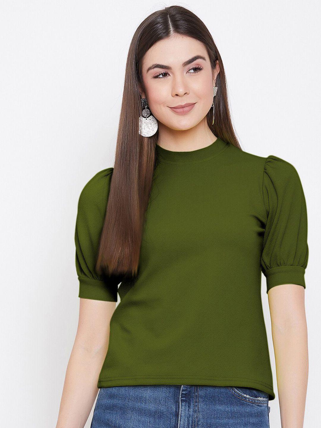uptownie-lite-women-green-solid-high-neck-regular-top
