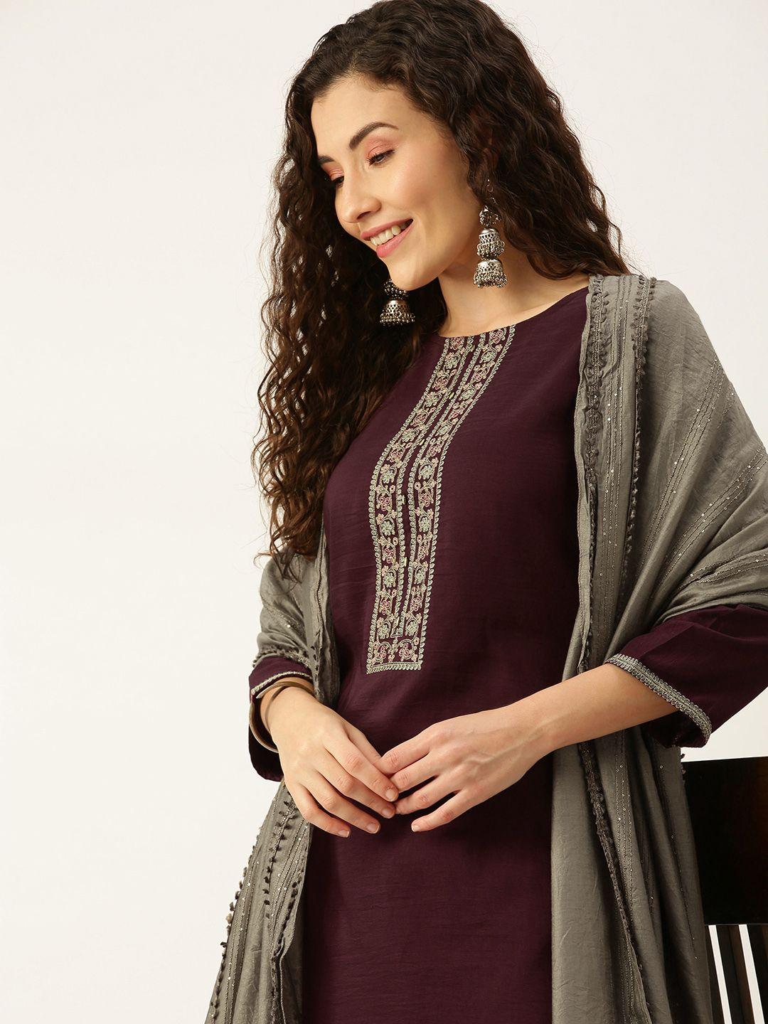 swagg-india-women-maroon-ethnic-motifs-embroidered-kurta-with-trousers-&-with-dupatta