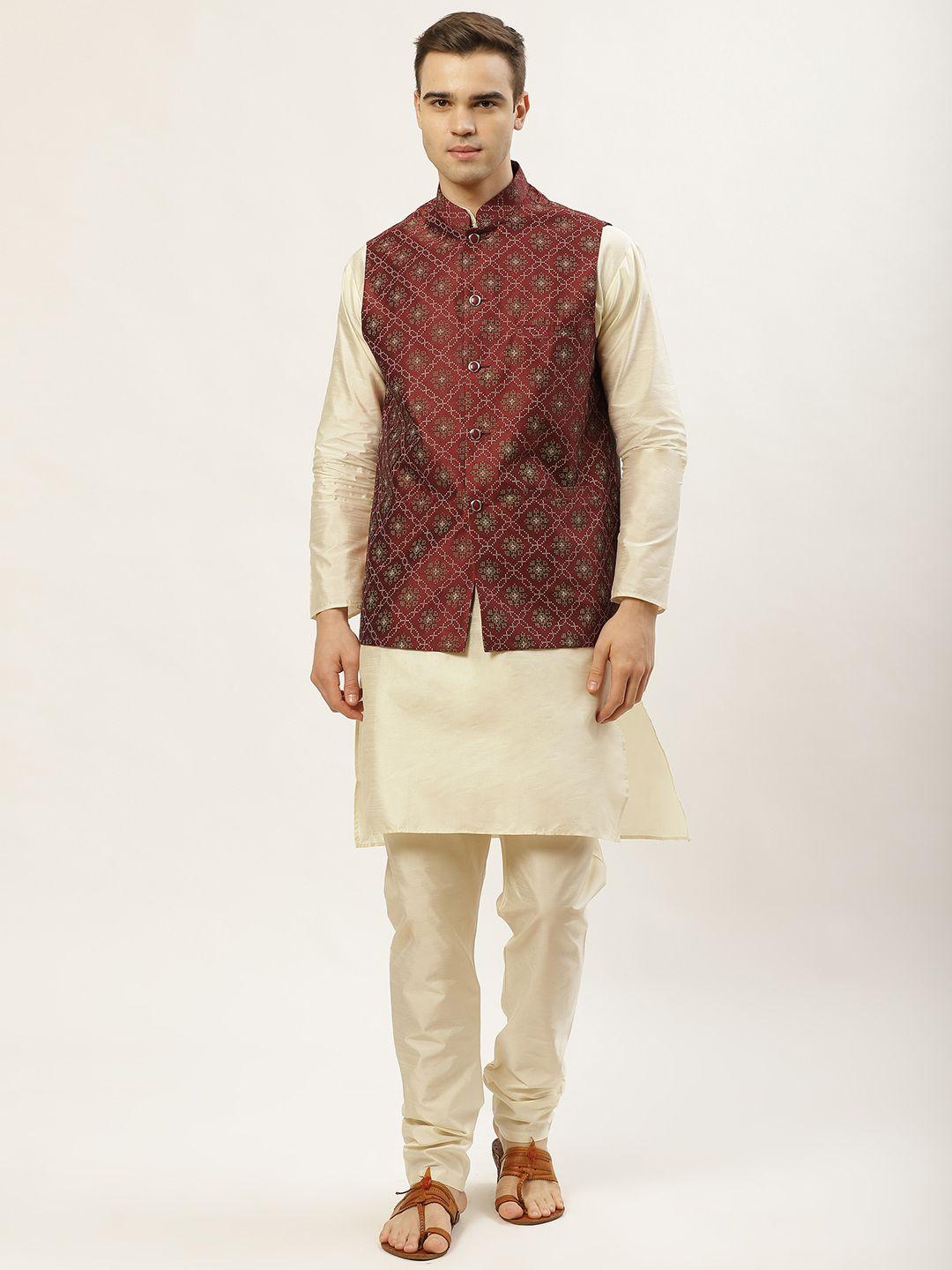 jompers-men-beige-&-maroon-solid-kurta-with-churidar-&-nehru-jacket