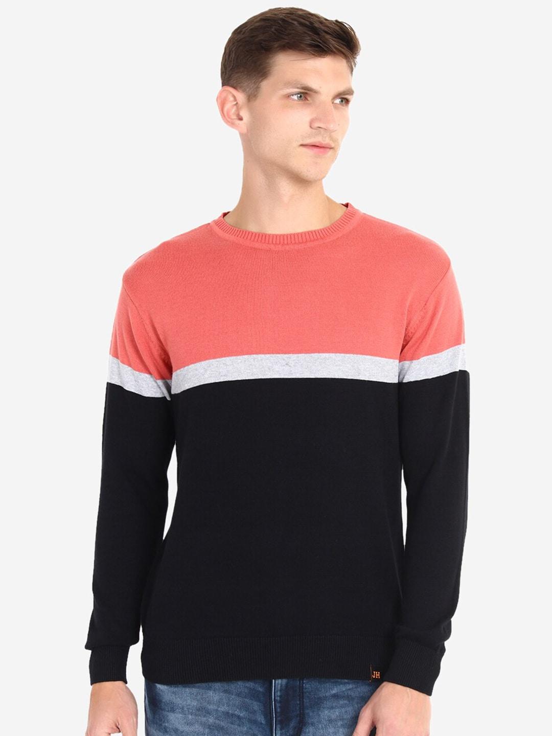 joe-hazel-men-coral-&-white-colourblocked-pure-cotton-pullover-sweater
