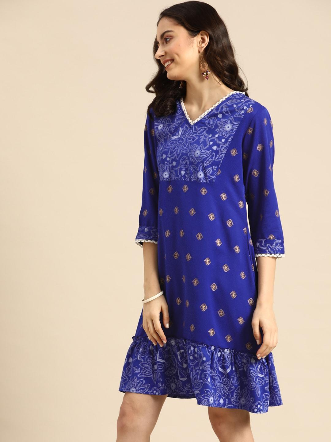 Sangria Blue & Grey Ethnic Motifs A-Line Dress
