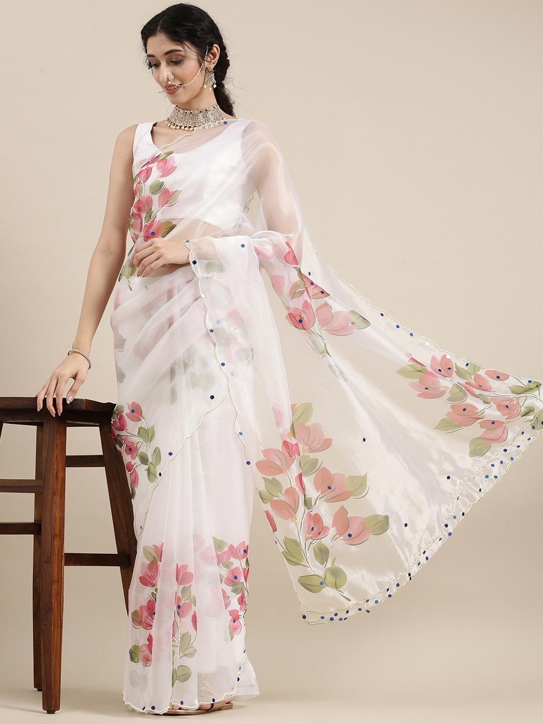 VASTRANAND White Floral Beads and Stones Organza Saree