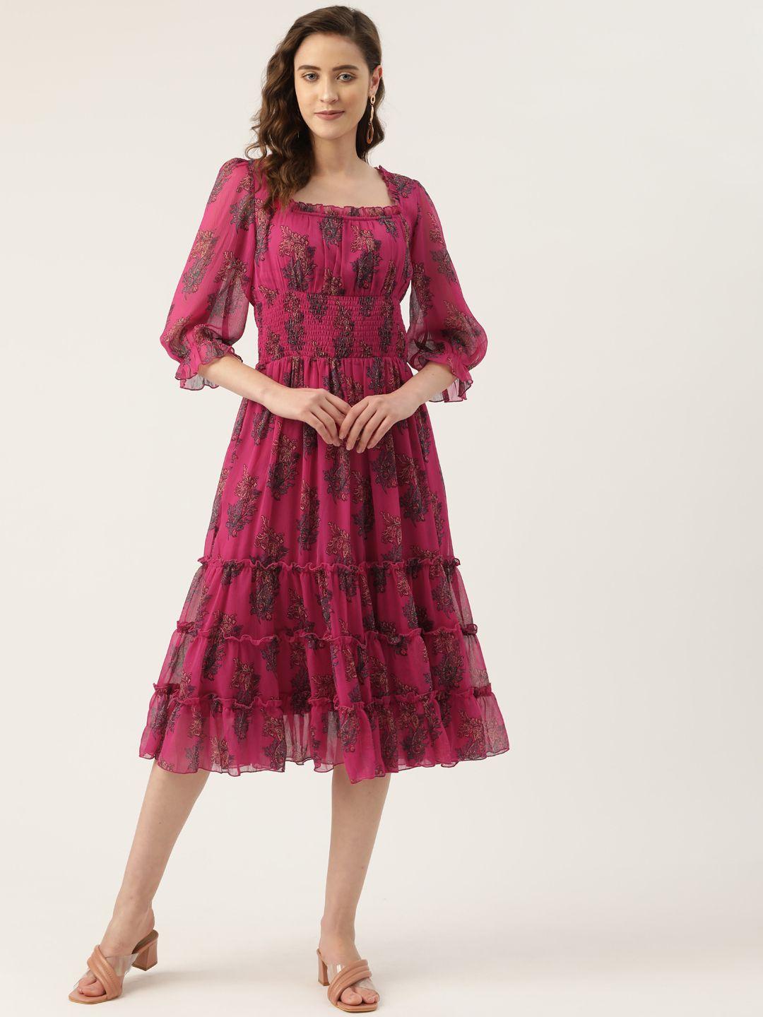 Antheaa Fuchsia Paisley Print Smocked Chiffon Midi Fit & Flare Dress