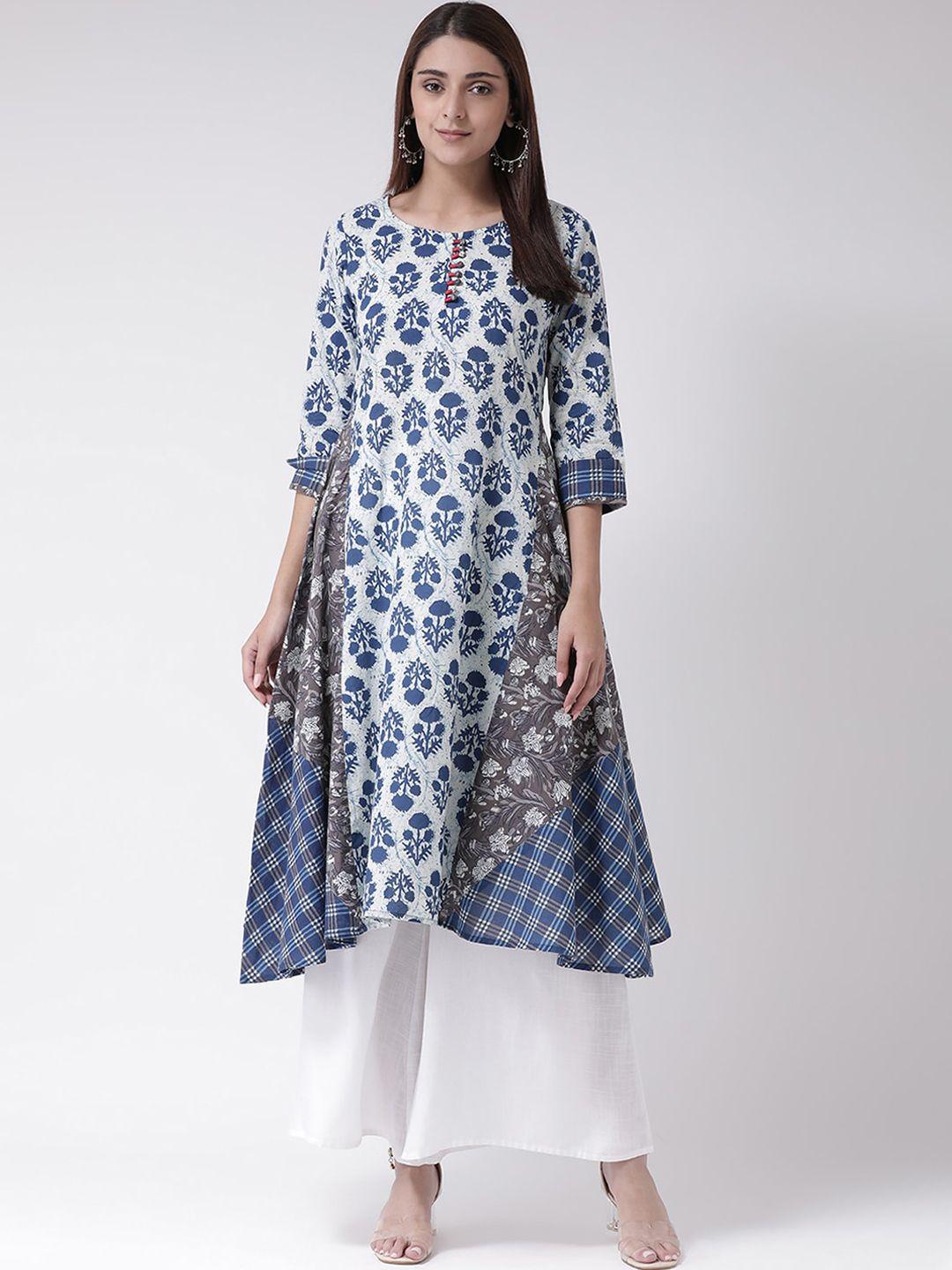 span-women-blue-&-white-floral-printed-round-neck-kurta
