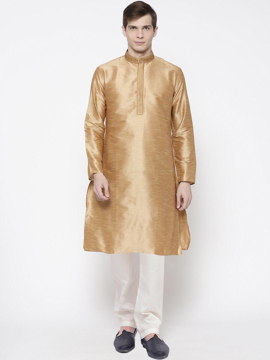 sg-leman-men-gold-toned-&-white-raw-silk-kurta-with-pyjamas