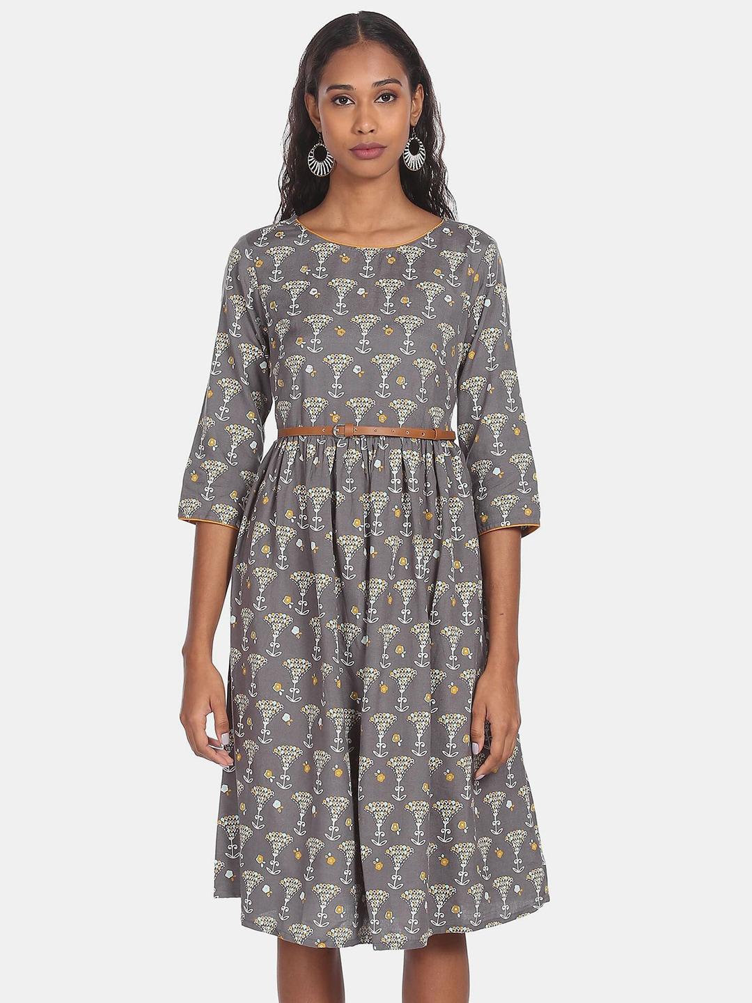 Karigari Grey Floral Printed Dress