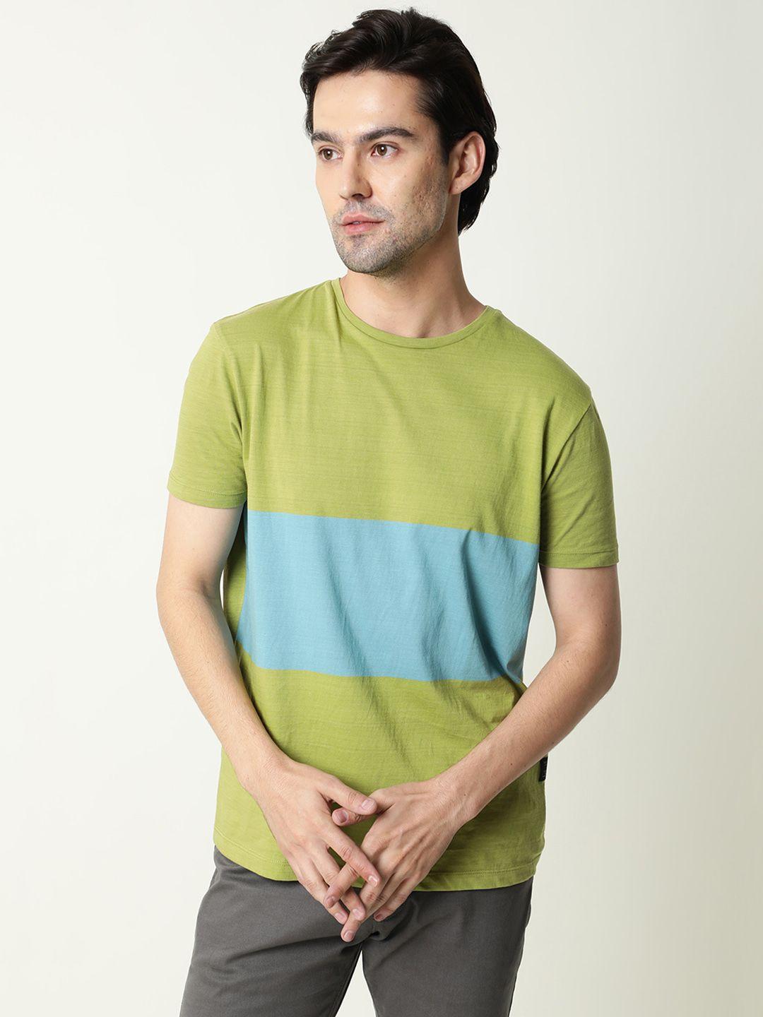 rare-rabbit-men-olive-green-colourblocked-pure-cotton-slim-fit-t-shirt