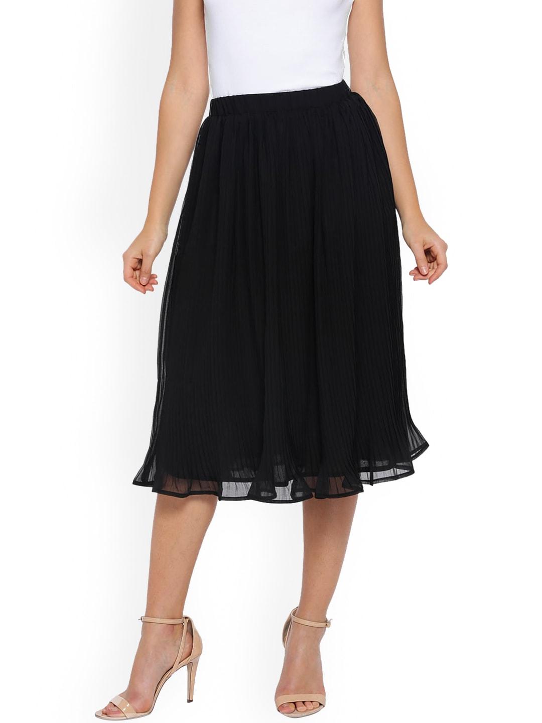 Emmyrobe Women Black Solid Accordion Pleated Flared Midi Skirt