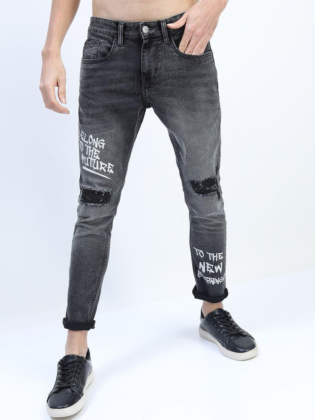 KETCH Men Charcoal Tapered Fit Mildly Distressed Heavy Fade Printed Stretchable Jeans