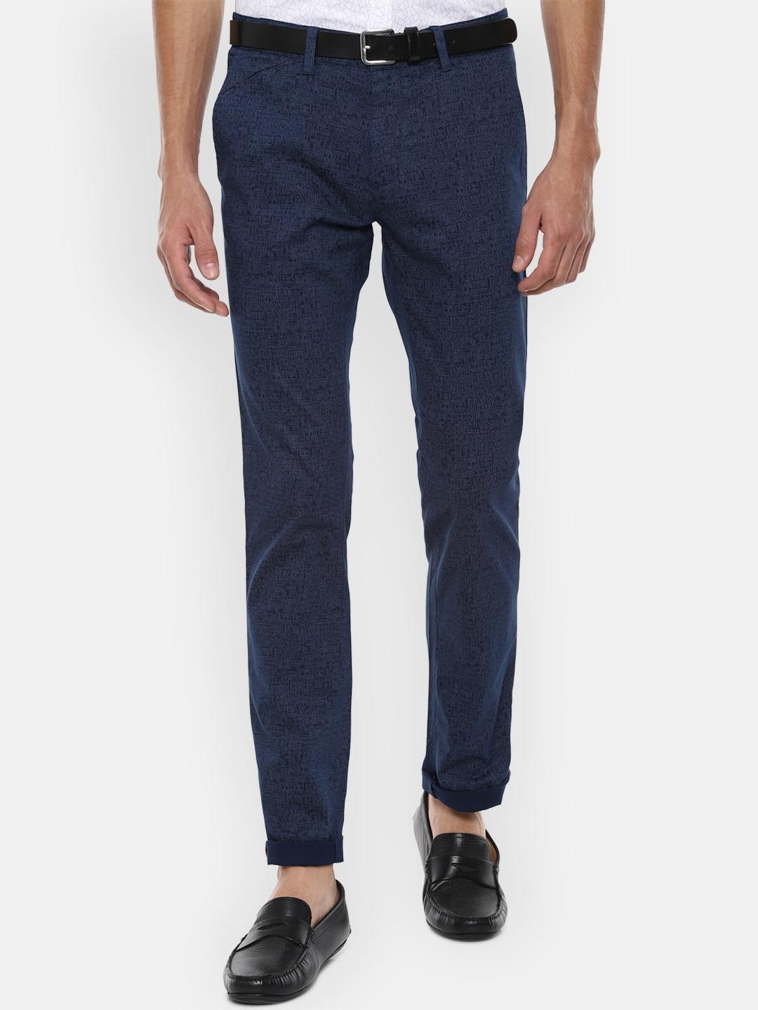 V Dot Men Navy Blue Printed Slim Fit Trousers