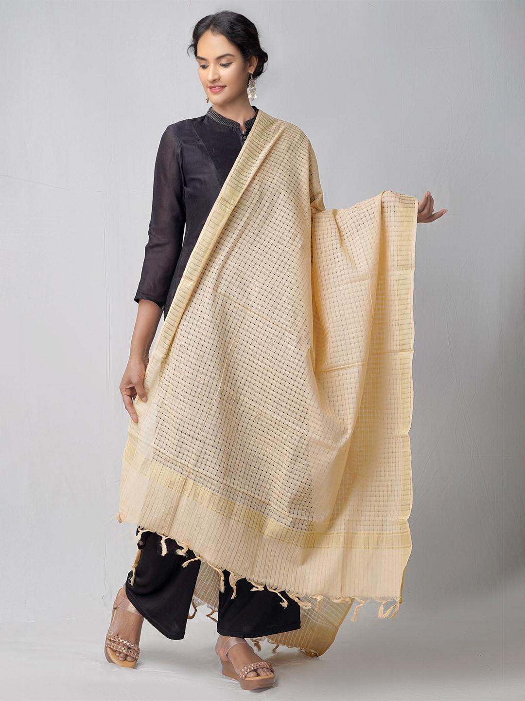 unnati-silks-brown-&-grey-ethnic-motifs-woven-design-pure-cotton-dupatta-with-zari
