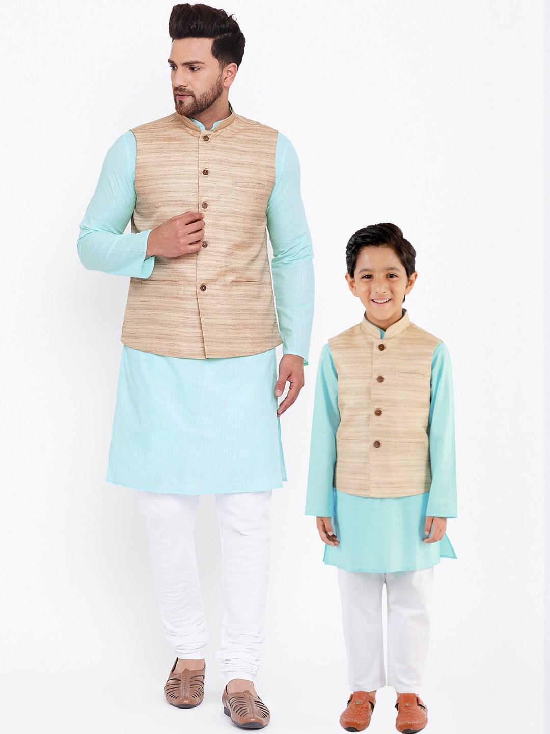 VASTRAMAY Boys Turquoise Blue Kurta with Pyjamas & Nehru Jacket