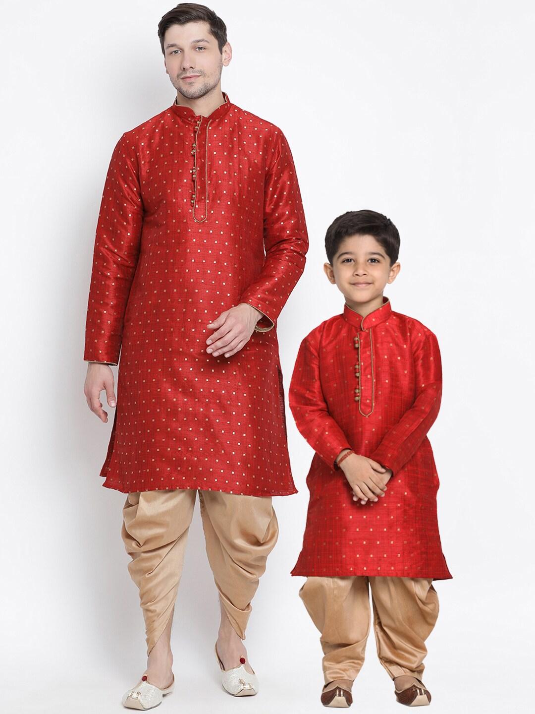 VASTRAMAY Boys Red & Gold-Coloured Kurta with Dhoti Pants