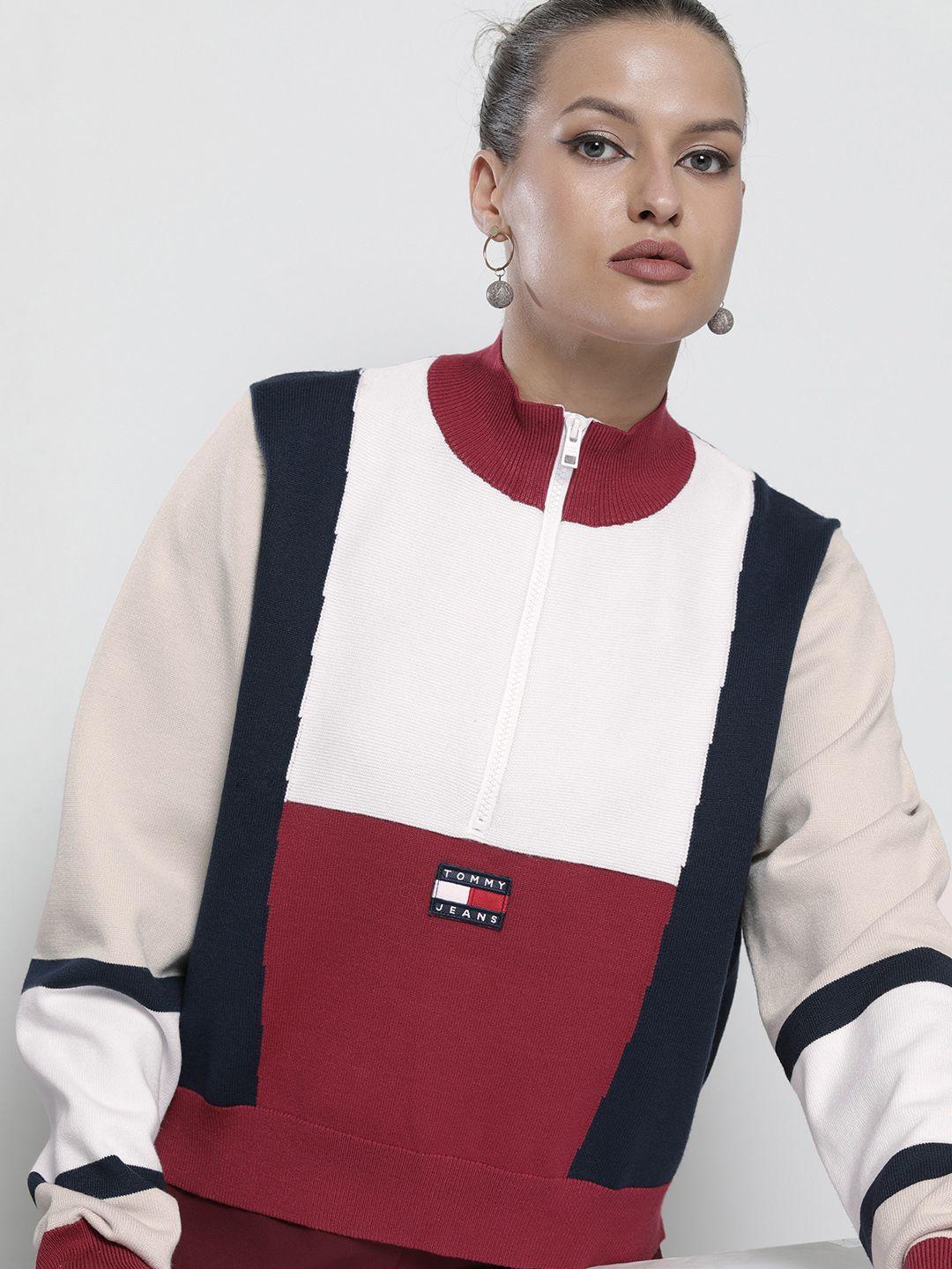 tommy-hilfiger-women-red-&-white-colourblocked-crop-cardigan-with-zip-detail