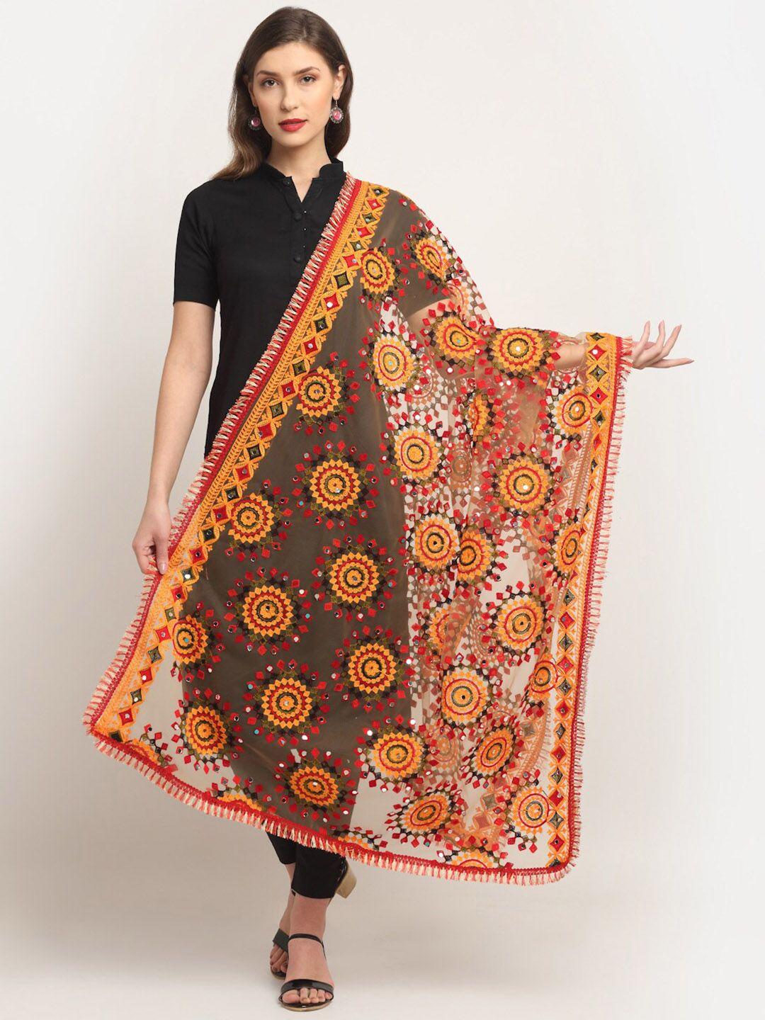 sugathari-yellow-&-red-ethnic-motifs-embroidered-dupatta-with-mirror-work