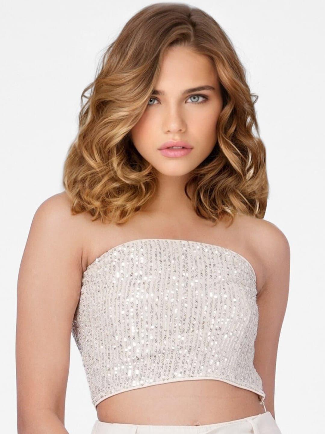ONLY Off-White & Silver-Coloured Sequin Embellished Tube Crop Top