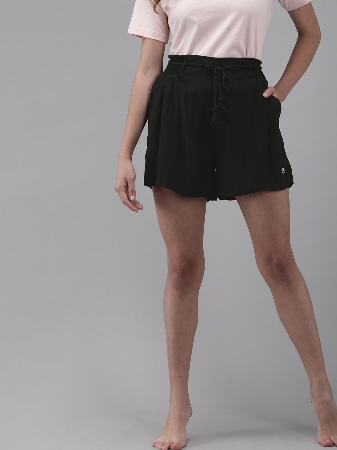 Van Heusen Women Black Solid Mid Rise Elasticated Lounge Shorts