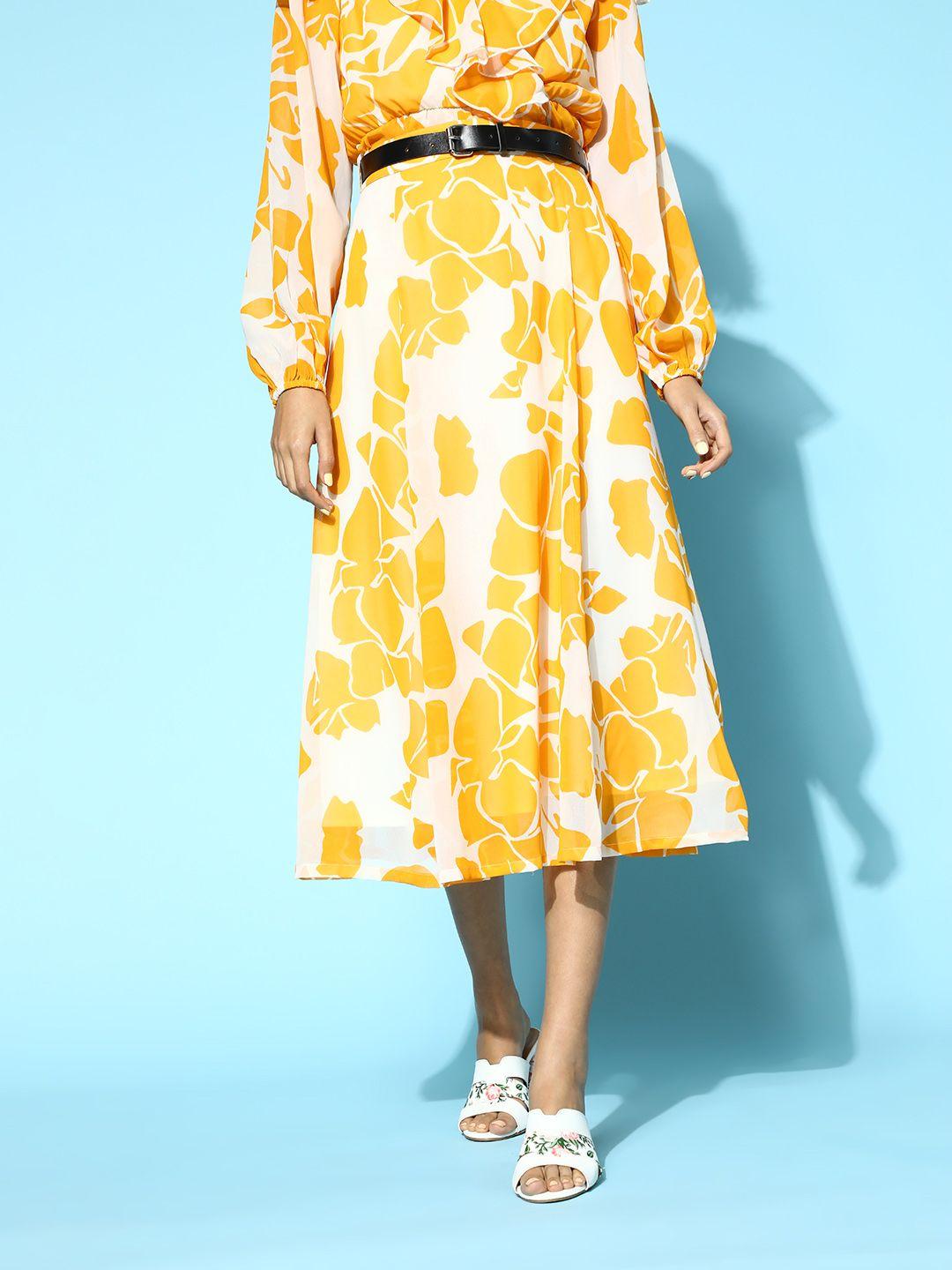 SASSAFRAS Women Mustard Yellow & White Floral Print A-Line Skirt