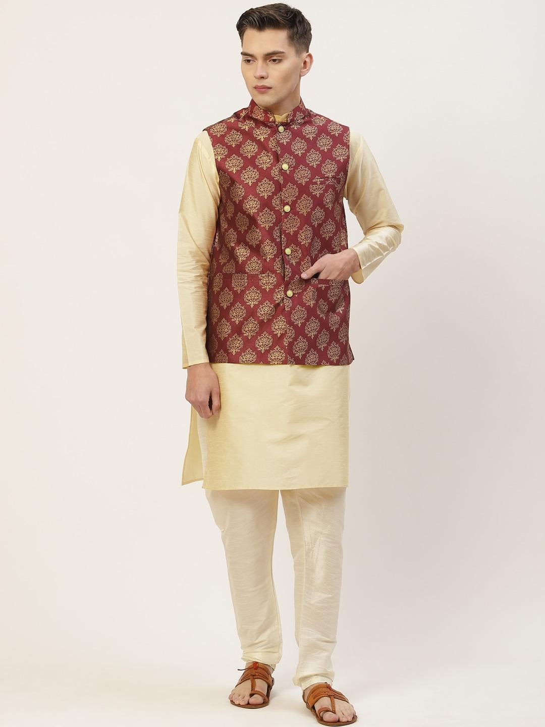 jompers-men-beige-solid-kurta-with-churidar-&-maroon-woven-design-nehru-jacket