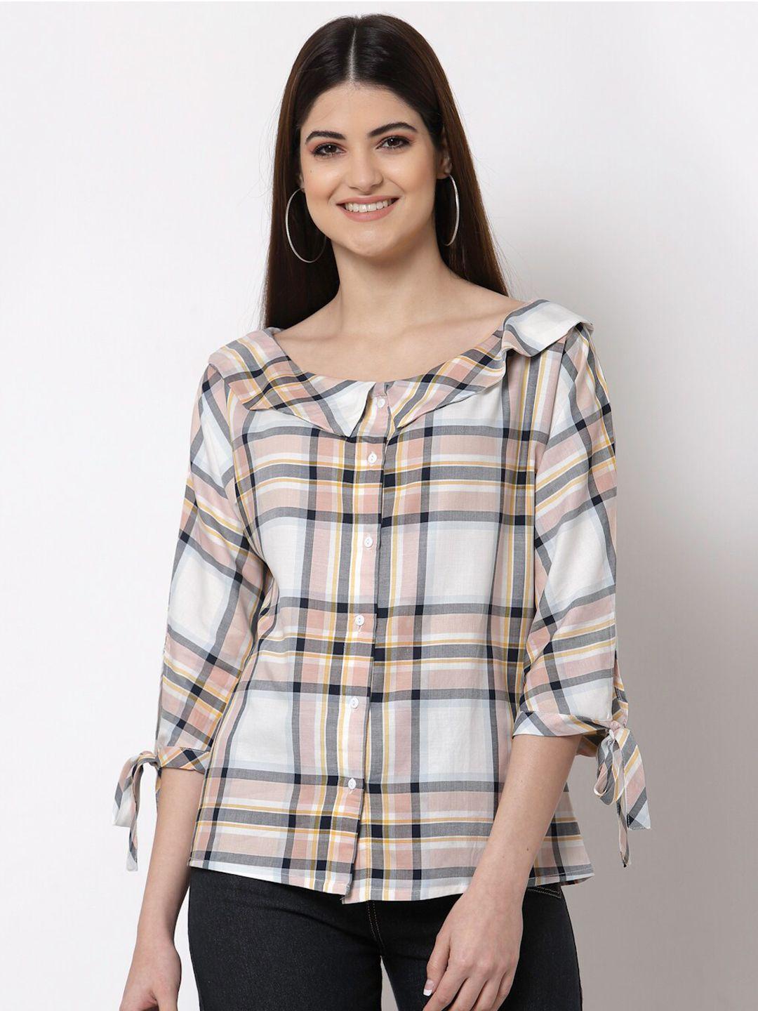 Style Quotient Off White Checked Peter Pan Collar Shirt Style Top