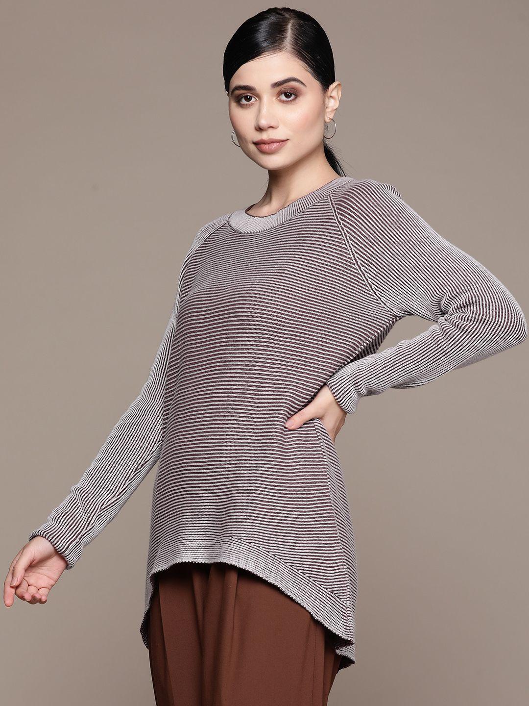 aarke-ritu-kumar-women-grey-&-maroon-striped-longline-fusion-pullover