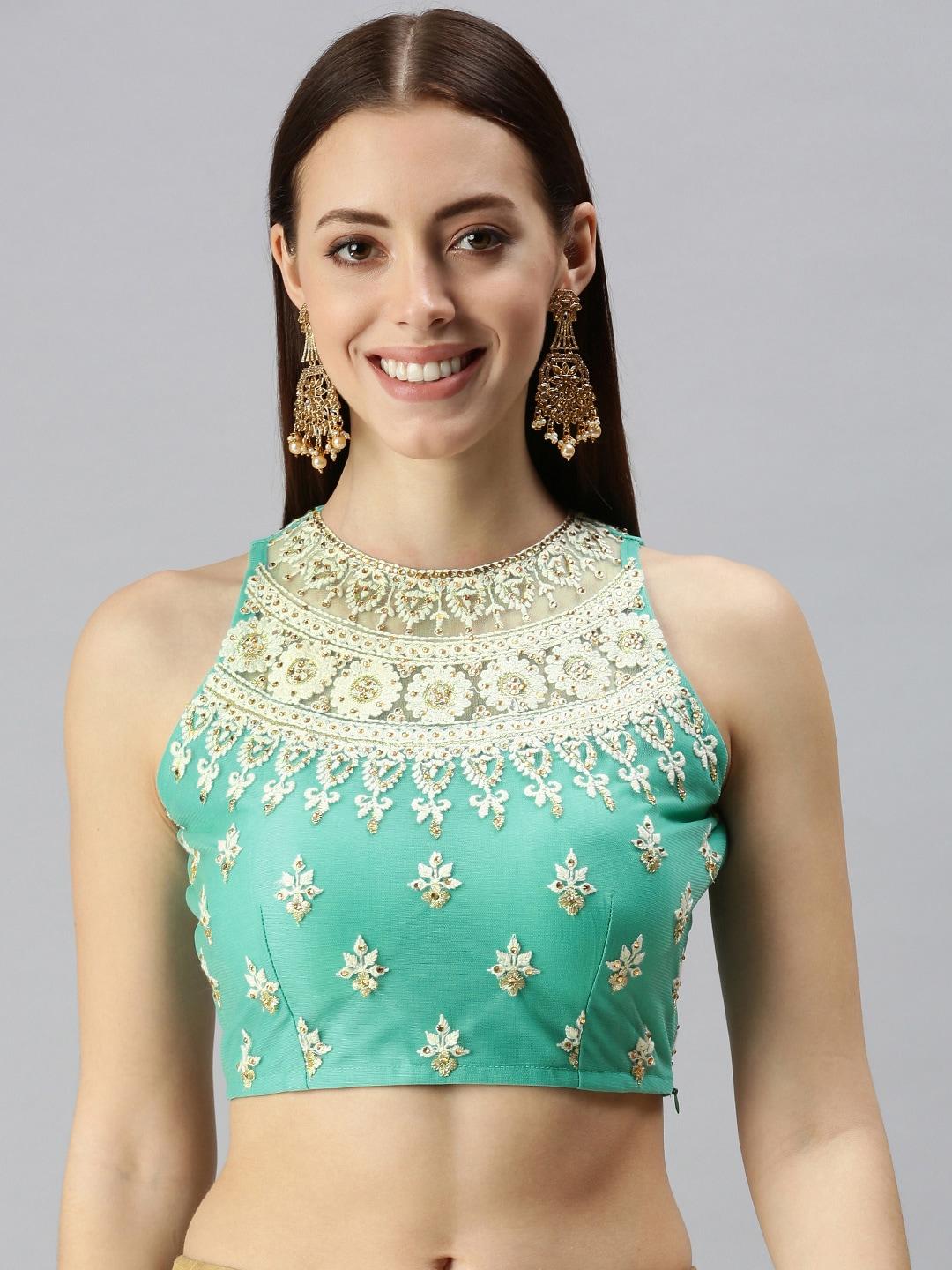 flaher Women Sea Green & Off-White Embroidered Padded Saree Blouse
