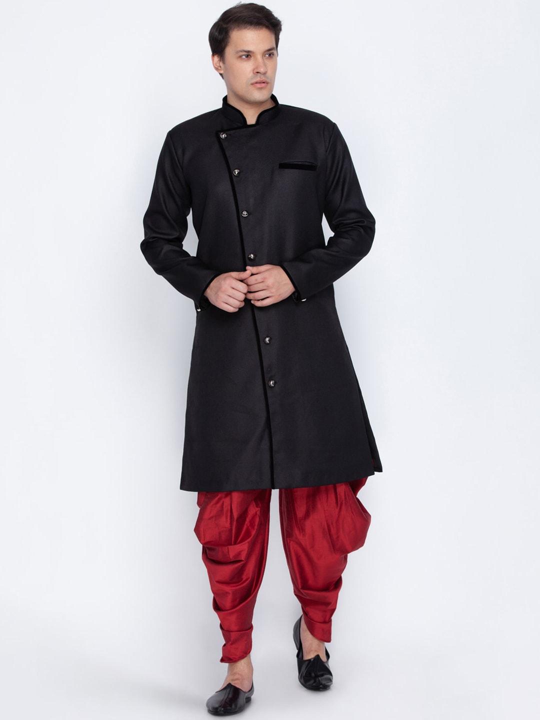 vastramay-men-black-&-red-solid-slim-fit-sherwani-set