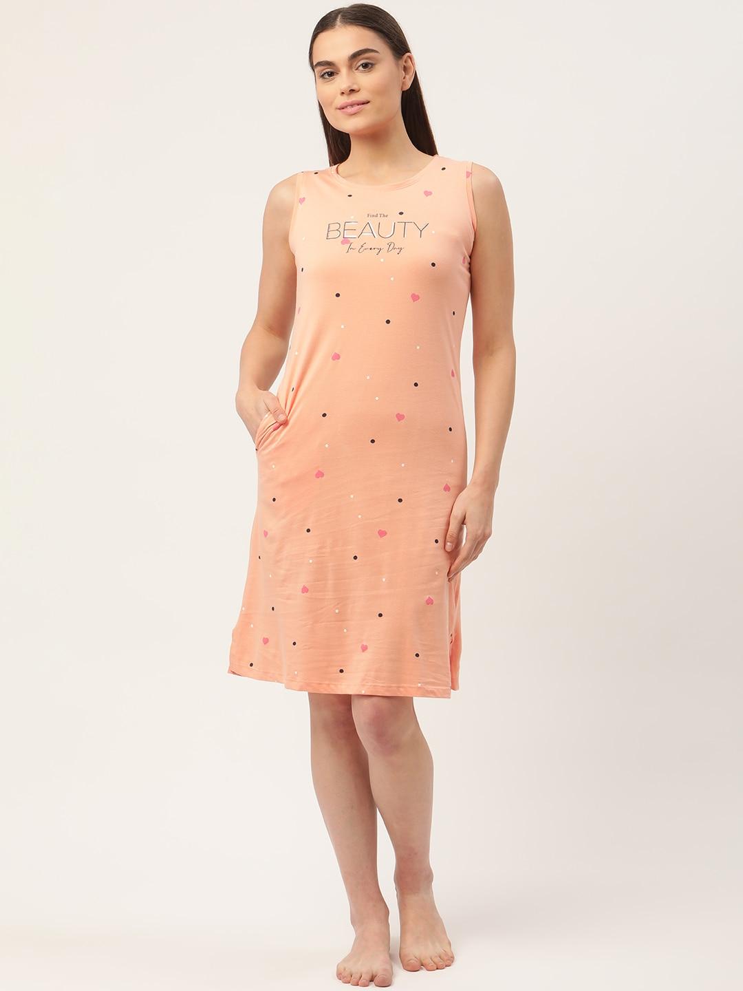 Sweet Dreams Peach-Coloured Printed Cotton Nightdress