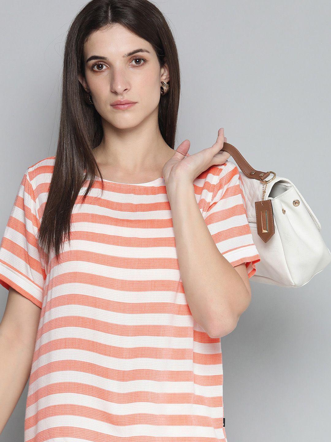 levis-women-white-&-pink-striped-round-neck-drop-shoulder-t-shirt