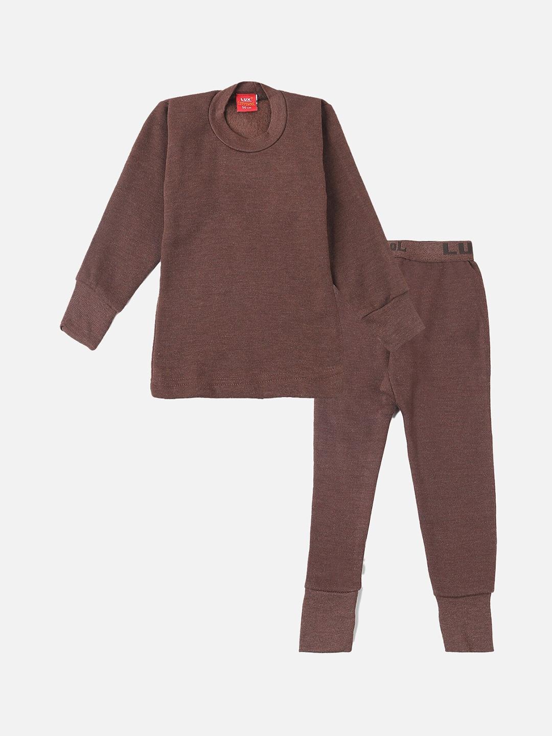 Lux Cottswool Boys Brown Solid Cotton Slim-Fit Thermal Set