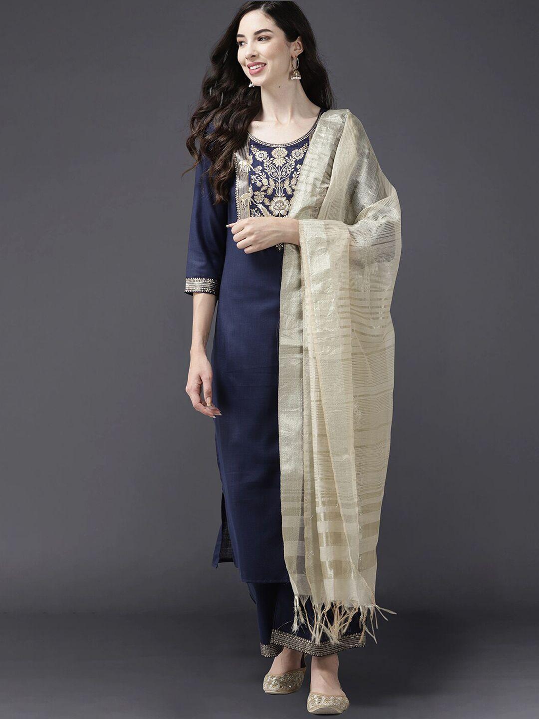 Indo Era Women Navy Blue Striped Panelled Kurti with Trousers & With Dupatta