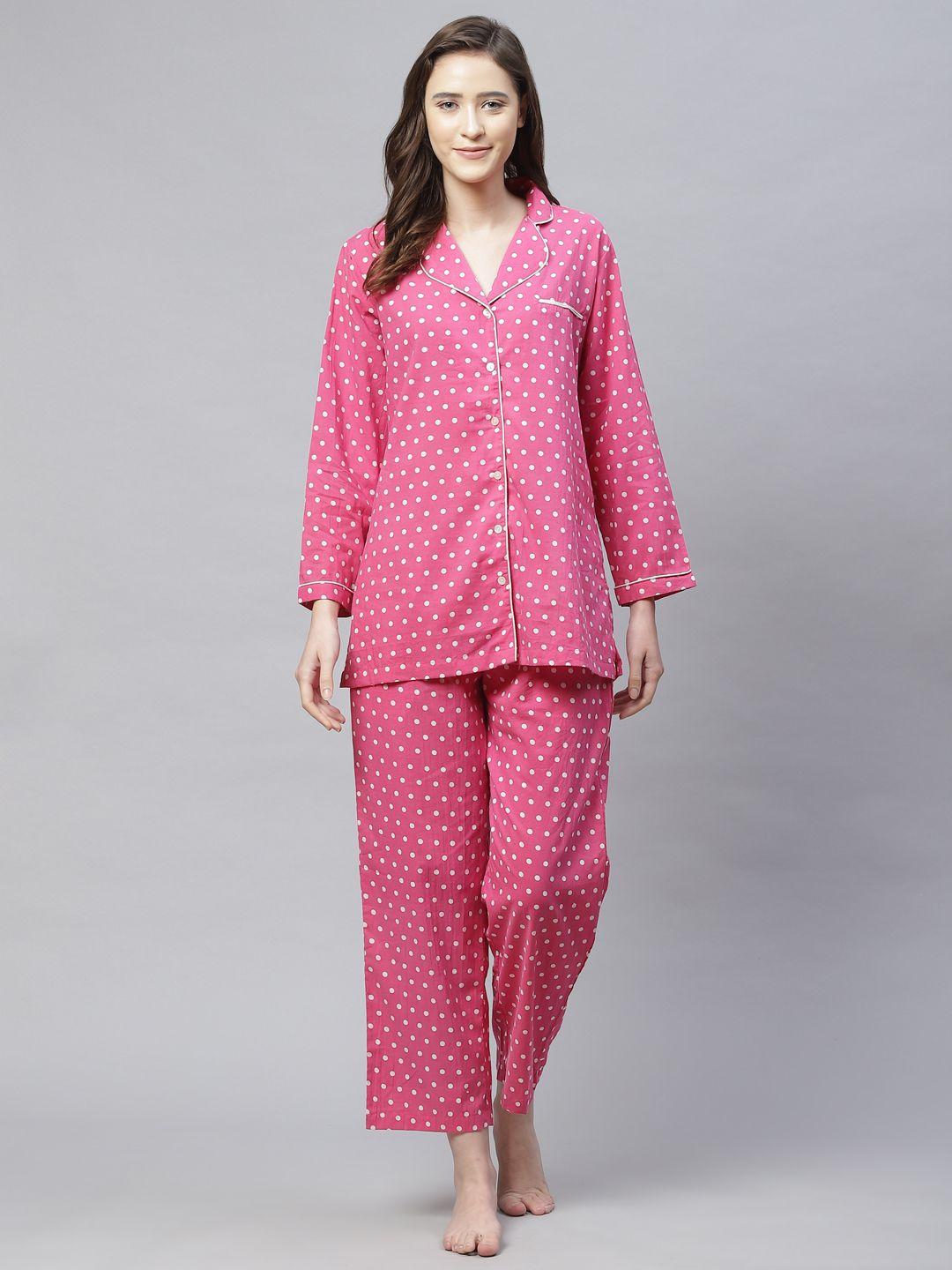 Divena Women Pink & White Polka Dot Printed Night suit