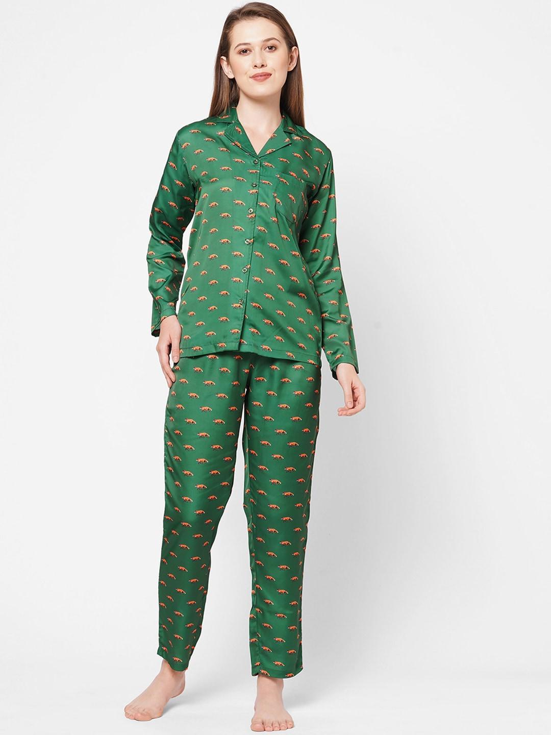 DRAPE IN VOGUE Women Green & Brown Printed Satin Night Suit