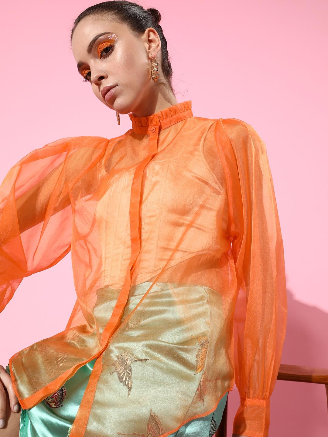 Style Quotient Women Bright Orange Solid Sheer Shirt
