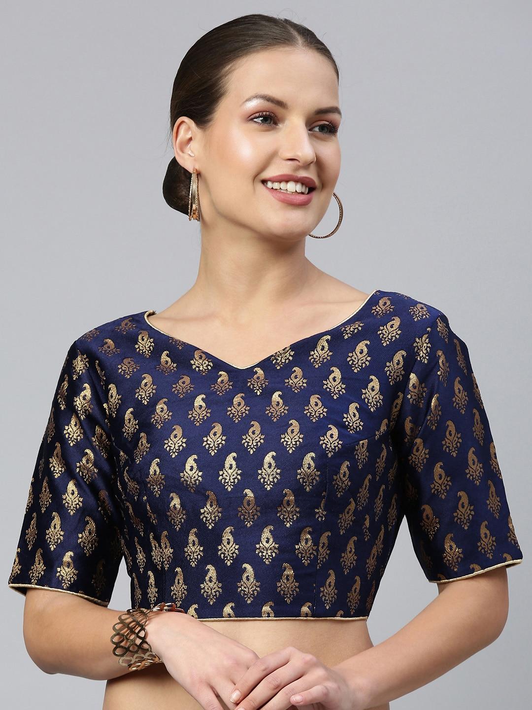 flaher-women-navy-blue-&-gold-ethnic-motifs-woven-jacquard-design-blouse-with-tie-ups