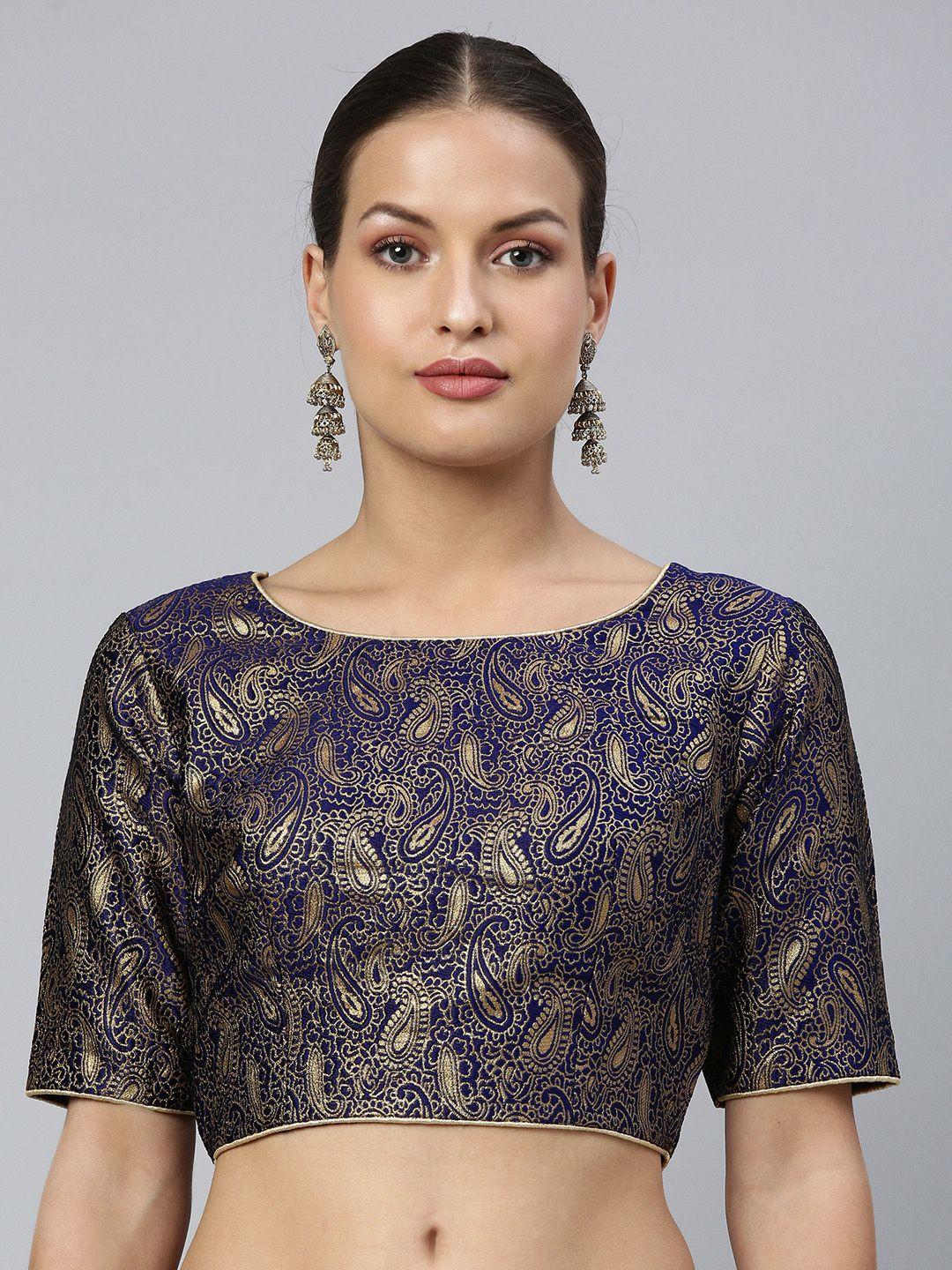 flaher-women-navy-blue-&-gold-ethnic-motifs-jacquard-woven-design-tie-ups-saree-blouse