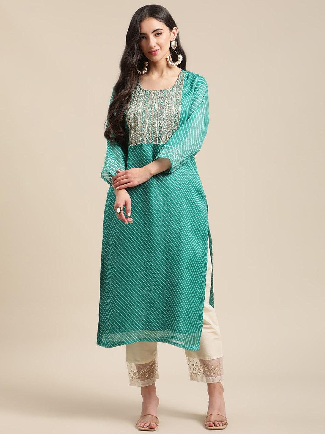 KSUT Women Teal Beads and Stones Kurti with Trousers