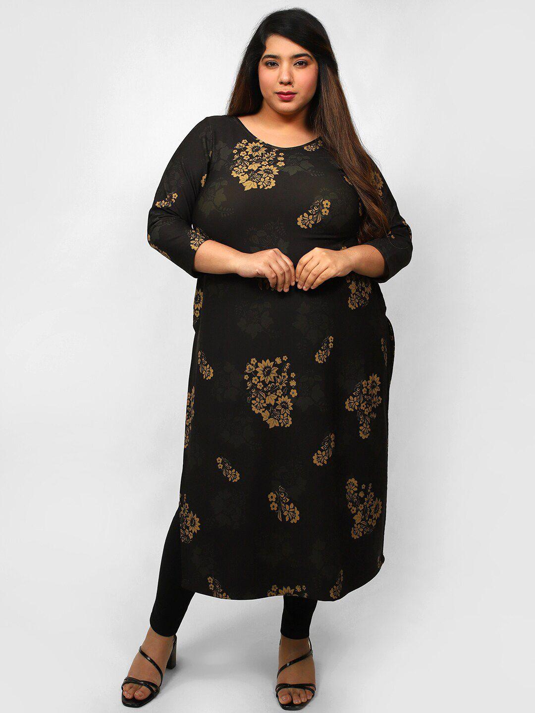 amydus-women-plus-size-black-floral-printed-fleece-kurti