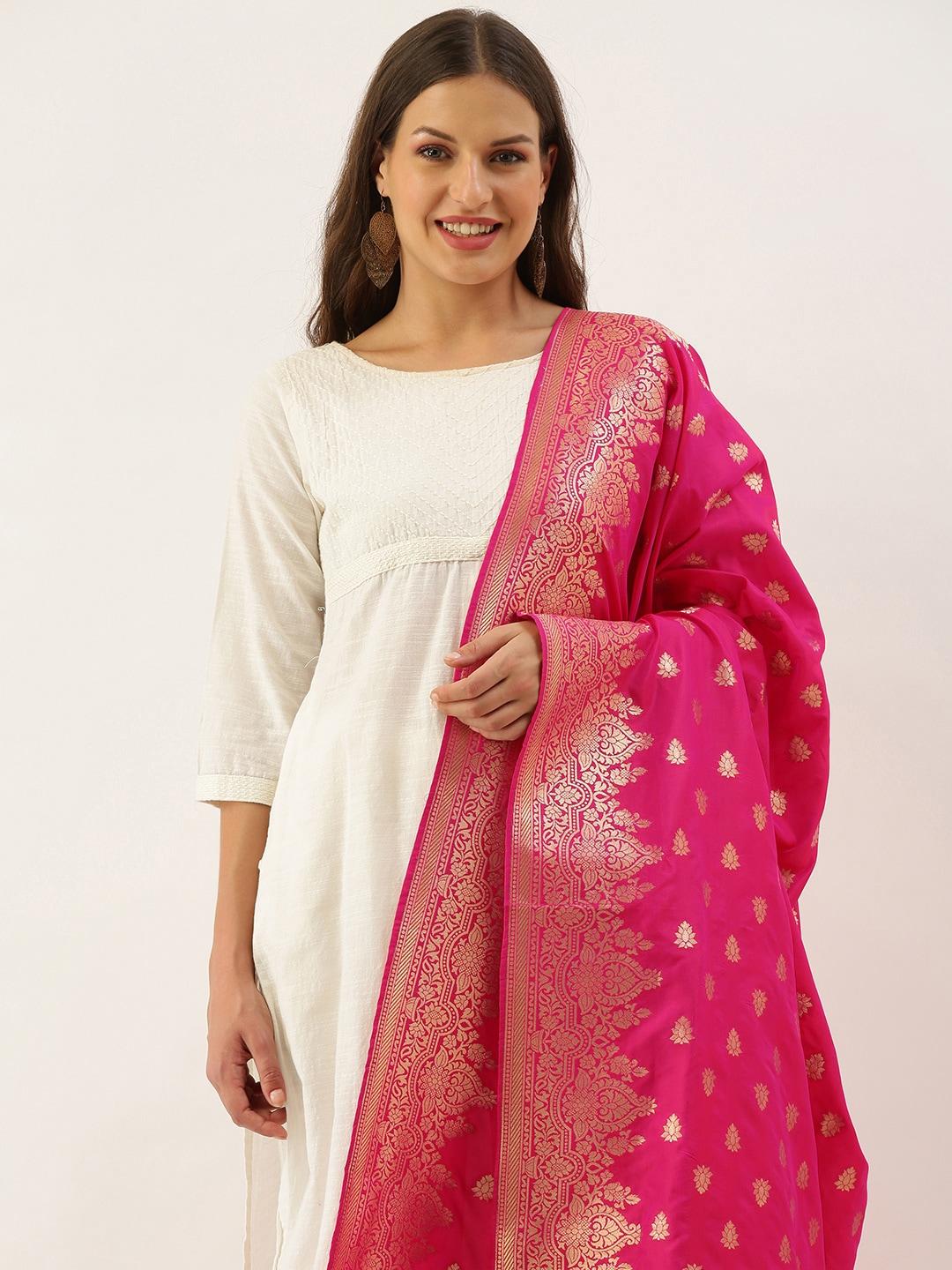 SANGAM PRINTS Pink & Golden Banarasi Silk Woven Design Dupatta