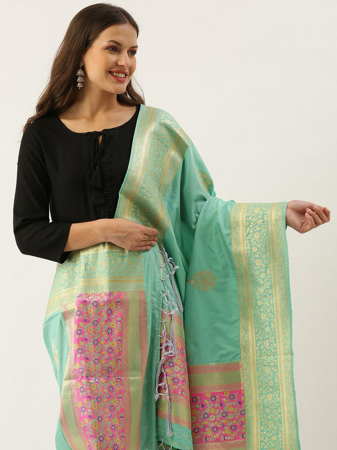 SANGAM PRINTS Sea Green & Golden Banarasi Silk Woven Design Dupatta