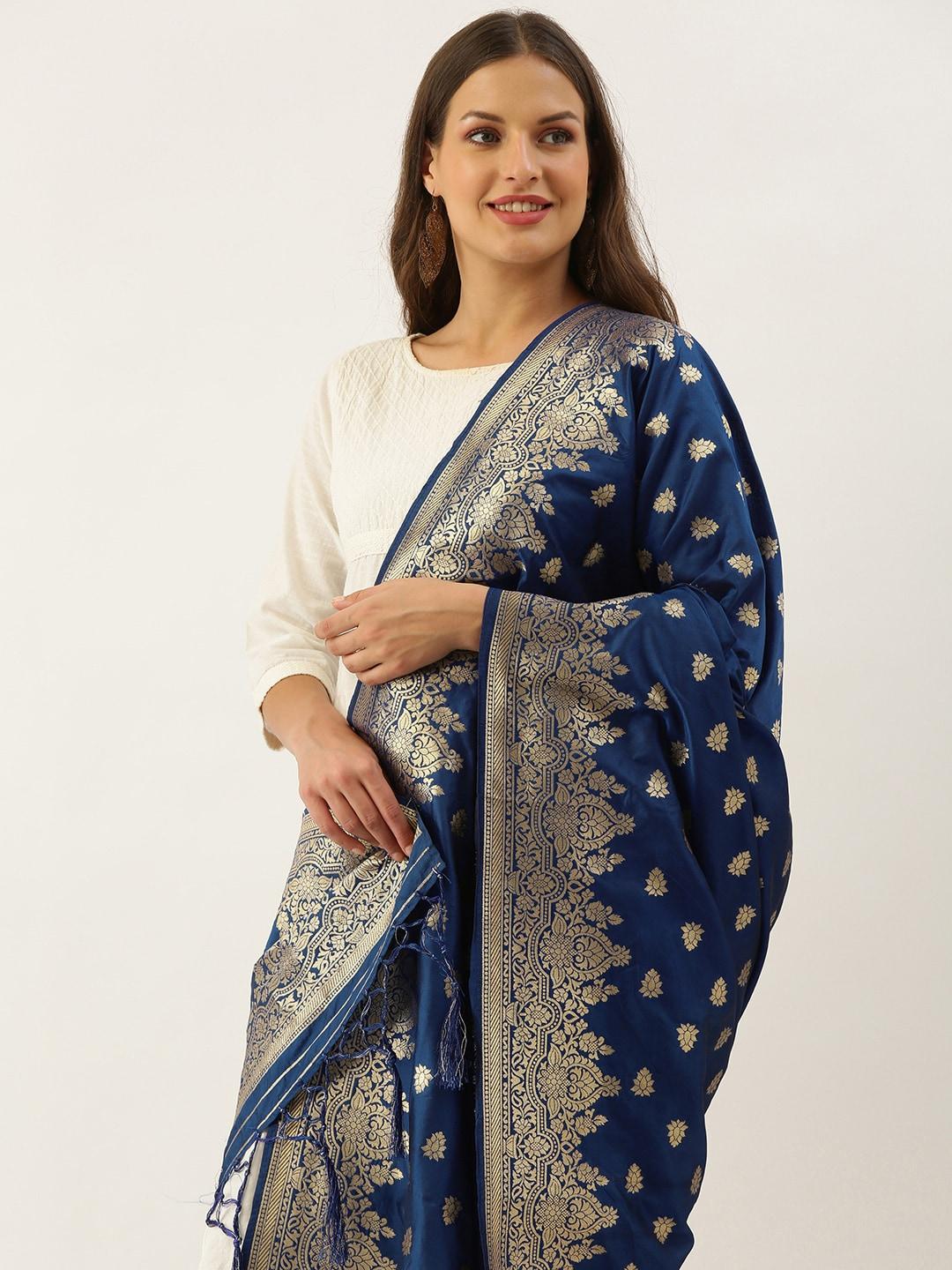 SANGAM PRINTS Blue & Golden Banarasi Silk Woven Design Dupatta