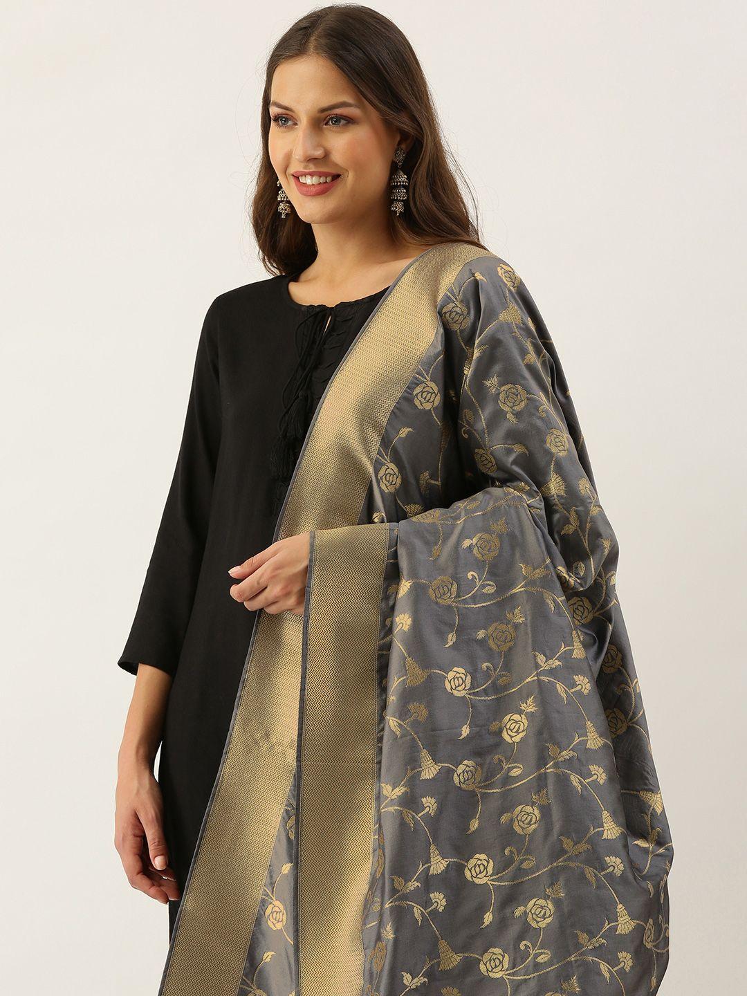 sangam-prints-grey-&-golden--ethnic-motifs-woven-design-dupatta-with-tassel-border