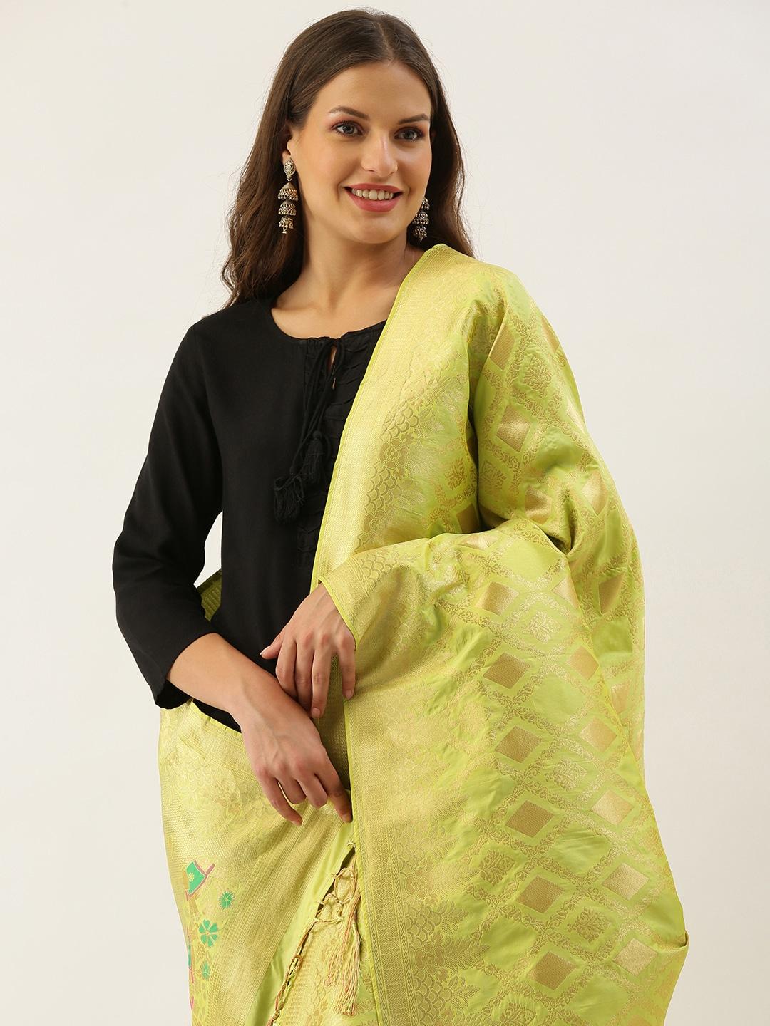 sangam-prints-lime-green-&-golden-ethnic-motifs-woven-design-dupatta-with-tassel-border