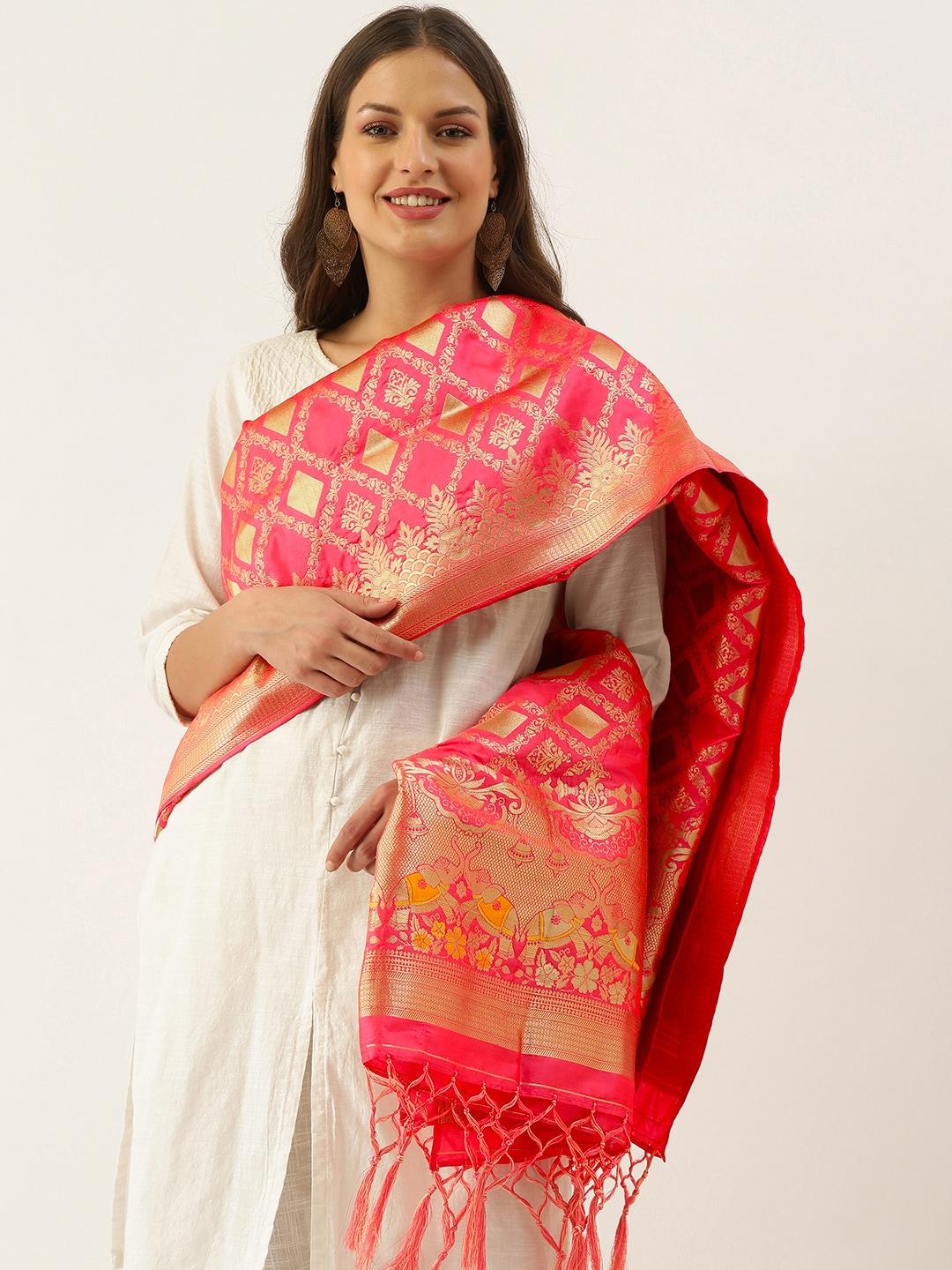 sangam-prints-pink-&-golden-ethnic-motifs-woven-design-dupatta-with-tassel-border