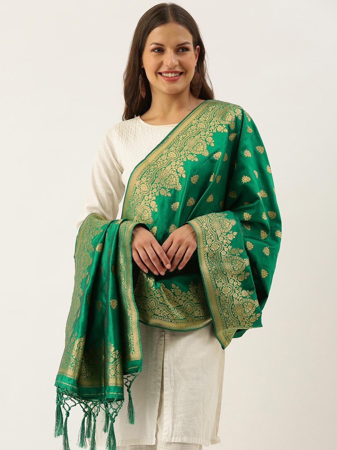 sangam-prints-green-&-golden-ethnic-motifs-woven-design-dupatta-with-tassel-border