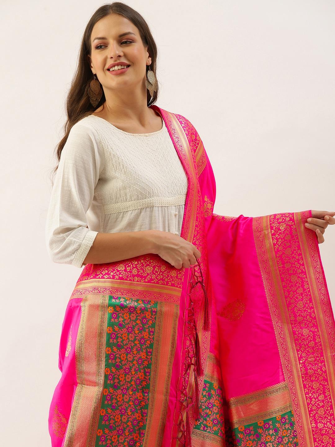 SANGAM PRINTS Pink & Golden Ethnic Motifs Woven Design Dupatta with Tassel Detail